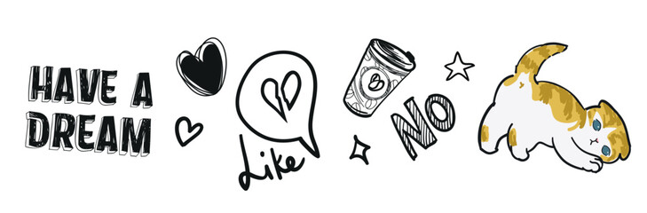 Print A set of design elements for teenage girls, sketches, and a cat in vector for textiles and design. Vector illustration