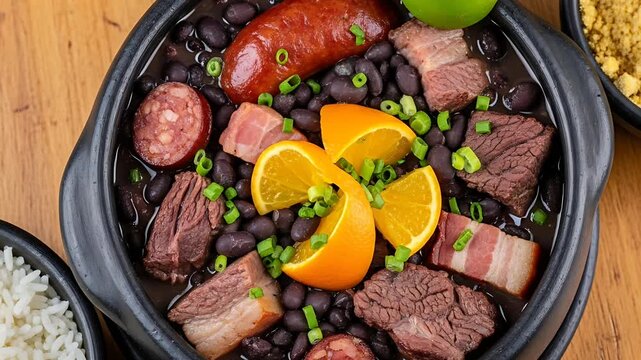 Hearty feijoada featuring black beans meats and citrus garnishes Served with rice and sprinkled cassava flour