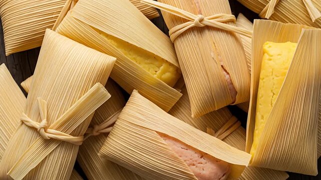 Pile of freshly cooked tamales wrapped in corn husks and tied with raffia strings presenting a delicious and traditional dish
