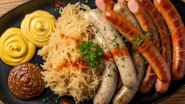 Overhead shot showcases a variety of sausages served with sauerkraut and mustard on a sleek black plate highlighting German cuisine