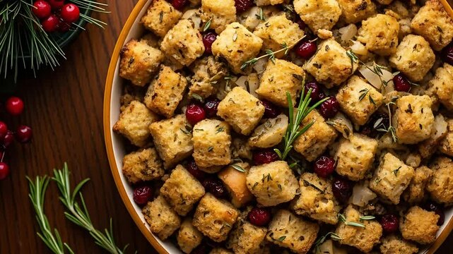 Festive bread stuffing with cranberries and herbs perfect for Thanksgiving or any holiday meal Fresh rosemary and thyme as decoration