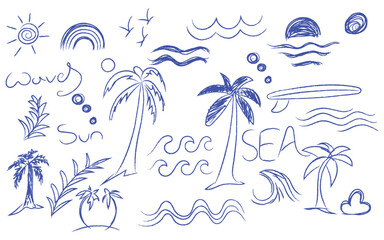 Blue summer beach doodles, Tropical line art design, Ocean travel sketch art