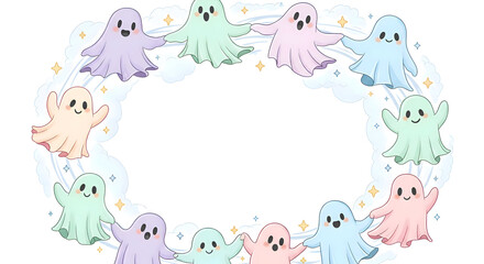 Obraz premium Cute pastel ghosts holding hands in a circle, creating a whimsical frame for halloween invitations isolated on white background