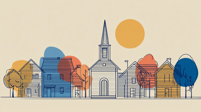 Modern architectural line drawing of a quaint small town street.