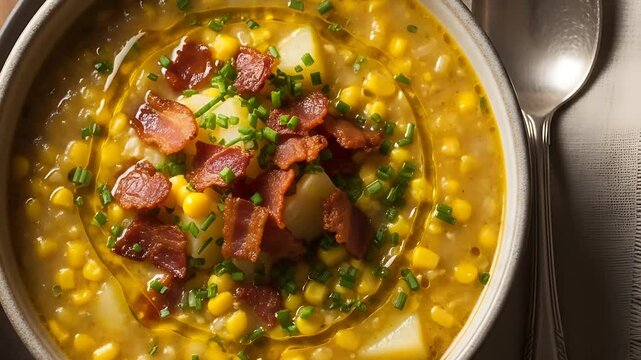 Comforting Corn Chowder : a creamy savory delight This rich hearty soup is topped with crispy bacon and fresh chives Enjoy this classic !