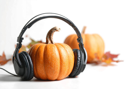 Orange pumpkins wearing headphones autumn leaves scattered around a creative concept for seasonal music playlists