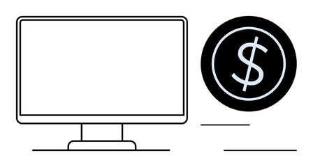Desktop monitor next to a bold dollar sign inside a circle, representing online transactions, financial management, and technology. Ideal for e-commerce, banking, startups, tech, savings