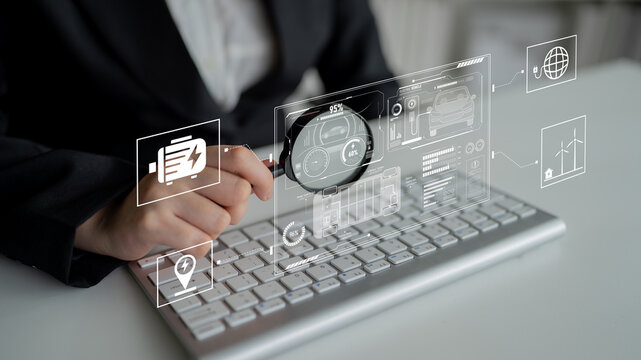 Smart interface showing electric vehicle performance, battery system, power control, charging status, and integration with renewable and grid-based energy sources Latch - Powered by Adobe