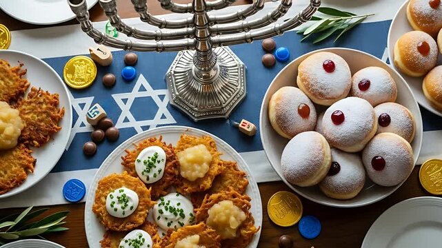 A festive Hanukkah spread with latkes doughnuts and a menorah on a table decorated with an flag themed table runner and scattered dreidels