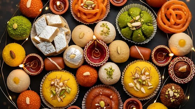 A festive spread of colorful sweets and lit diyas perfect for celebrations and sharing with loved ones creating joy and sweet moments