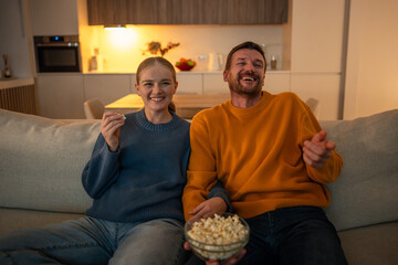 Laughing happy couple eating popcorn while watching TV together at home on sofa. Pair enjoying...