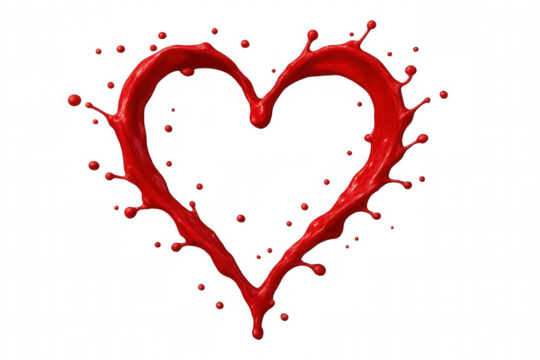 Red paint splash forming a heart shape, illustrating passion, love, and romance with liquid art on transparent background