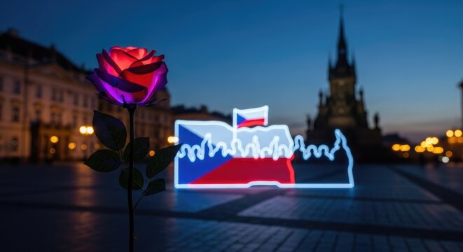 Glowing rose on city square at twilight, symbol of freedom and democracy, Czech Republic national flag colors.