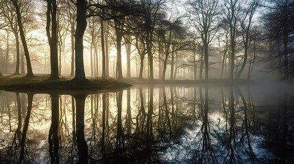 Morning mist over tranquil lake reflecting bare trees