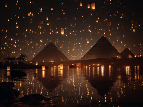 Floating lanterns illuminating the pyramids of Giza at night, dreamy atmosphere