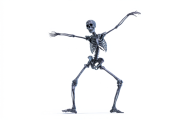 Anatomical skeleton model in a dynamic pose isolated on white for educational or Halloween-themed designs