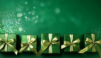 row of green gift boxes with glittering ribbons on green background for celebrations and events