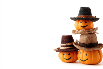 Stack of smiling pumpkins wearing pilgrim hats a festive autumn decoration isolated on white background