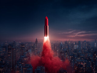 Massive matte red lipstick streaking across a twilight skyline like a rocket launch, leaving a vivid swath of color