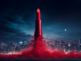 Massive matte red lipstick streaking across a twilight skyline like a rocket launch, leaving a vivid swath of color