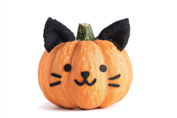 Cute pumpkin with cat ears and face a fun Halloween decoration isolated on white background