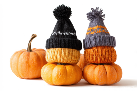 Stack of pumpkins wearing knit hats a whimsical fall decoration perfect for seasonal displays and autumn themes