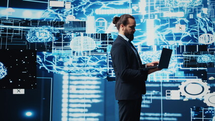 Businessman exploring deep learning and big data connectivity in high tech environment, exploring...