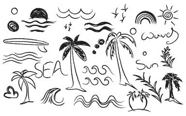 Black beach line drawing, Tropical vacation sketch, Hand-drawn summer art