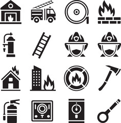 fire safety icons pack 16 vector symbols ai eps jpeg png | firetruck hydrant extinguisher helmet ladder