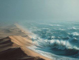 Sahara dunes turning into ocean waves, surreal cinematic landscape photography