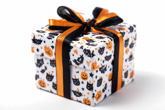 Halloween gift box with black and orange ribbon wrapped in spooky pattern paper isolated on white background