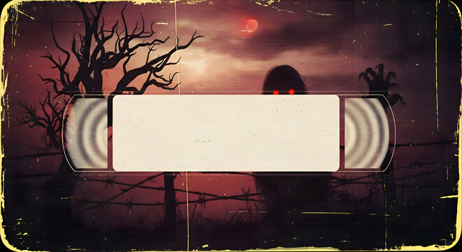 Retro vhs tape horror movie background with zombie and red moon, perfect for halloween themed projects and vintage designs