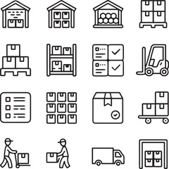 warehouse and logistics icon set for inventory management pallet forklift boxes delivery truck simple line vector
