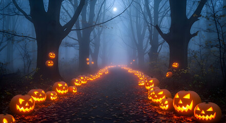 Spooky halloween night scene with glowing pumpkins lining a foggy path through a dark forest under a full moon creating an eerie atmosphere