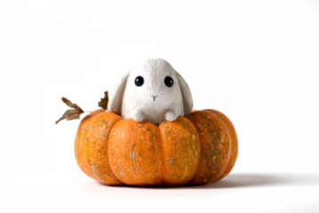 Cute bunny toy in a pumpkin adorable stuffed animal perfect for autumn and Halloween themes