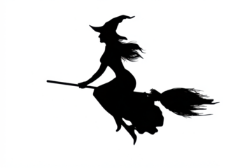 Silhouette of a witch flying on a broomstick vector illustration for Halloween isolated on white background