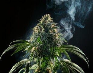 cannabis plant in full bloom with smoke isolated over black background