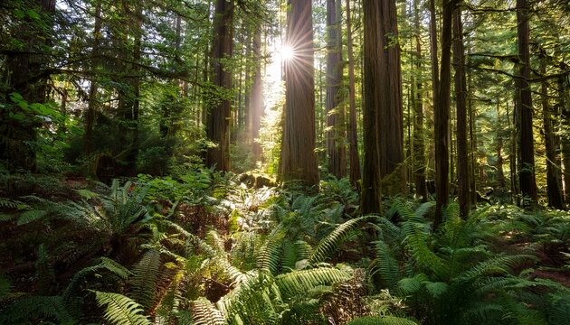 sunrays filtering thru the forest foliage in a vancouver island provincial park