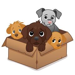 Sad puppies in cardboard box waiting for adoption, cute cartoon vector illustration of abandoned dogs in shelter theme