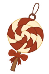 Christmas lollipop ornament with red ribbon and swirl candy pattern, cute festive vector illustration in flat style
