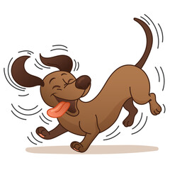 Funny dachshund running with tongue out, playful cartoon dog in motion, cute vector illustration of happy brown pet in flat style