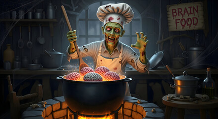 Zombie chef cooking brain food in a spooky kitchen, perfect for halloween themed designs and horror related projects