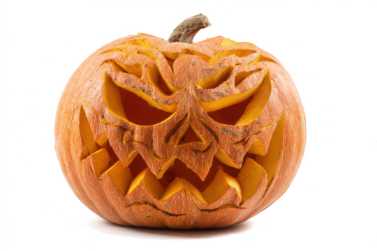 Carved Halloween pumpkin with a scary face isolated on white perfect for holiday decorations and spooky themes