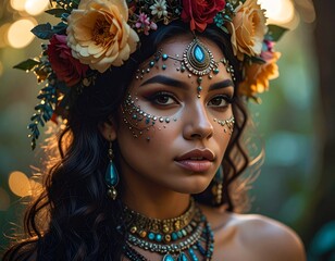 Obraz premium Ethereal Forest Muse with Floral Crown and Metallic Face Adornments