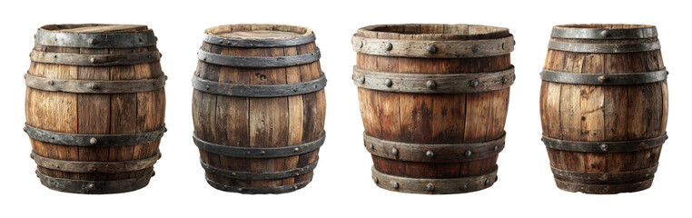 Authentic rustic wooden barrel set with metal bands, perfect for beverage aging, storage, or pirate themes PNG set Transparent backround
