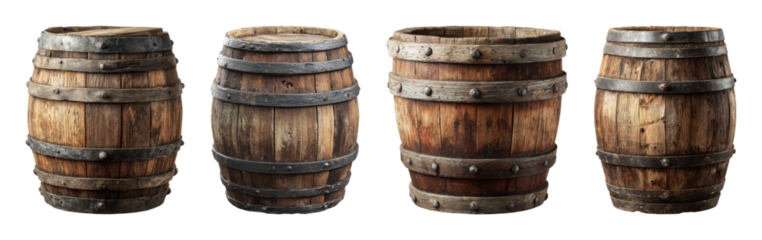 Authentic rustic wooden barrel set with metal bands, perfect for beverage aging, storage, or pirate themes PNG set Transparent backround