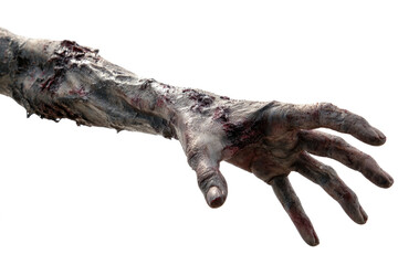 Creepy zombie hand reaching out isolated on white for Halloween or horror themed designs