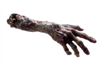 Severed zombie arm grotesque and decaying isolated on white background for horror or Halloween themes