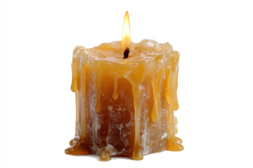 Burning wax candle with drips isolated on white background perfect for holiday decorations and religious ceremonies