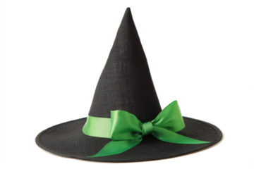 Black witch hat with green ribbon isolated on white background perfect for Halloween decorations and costume parties